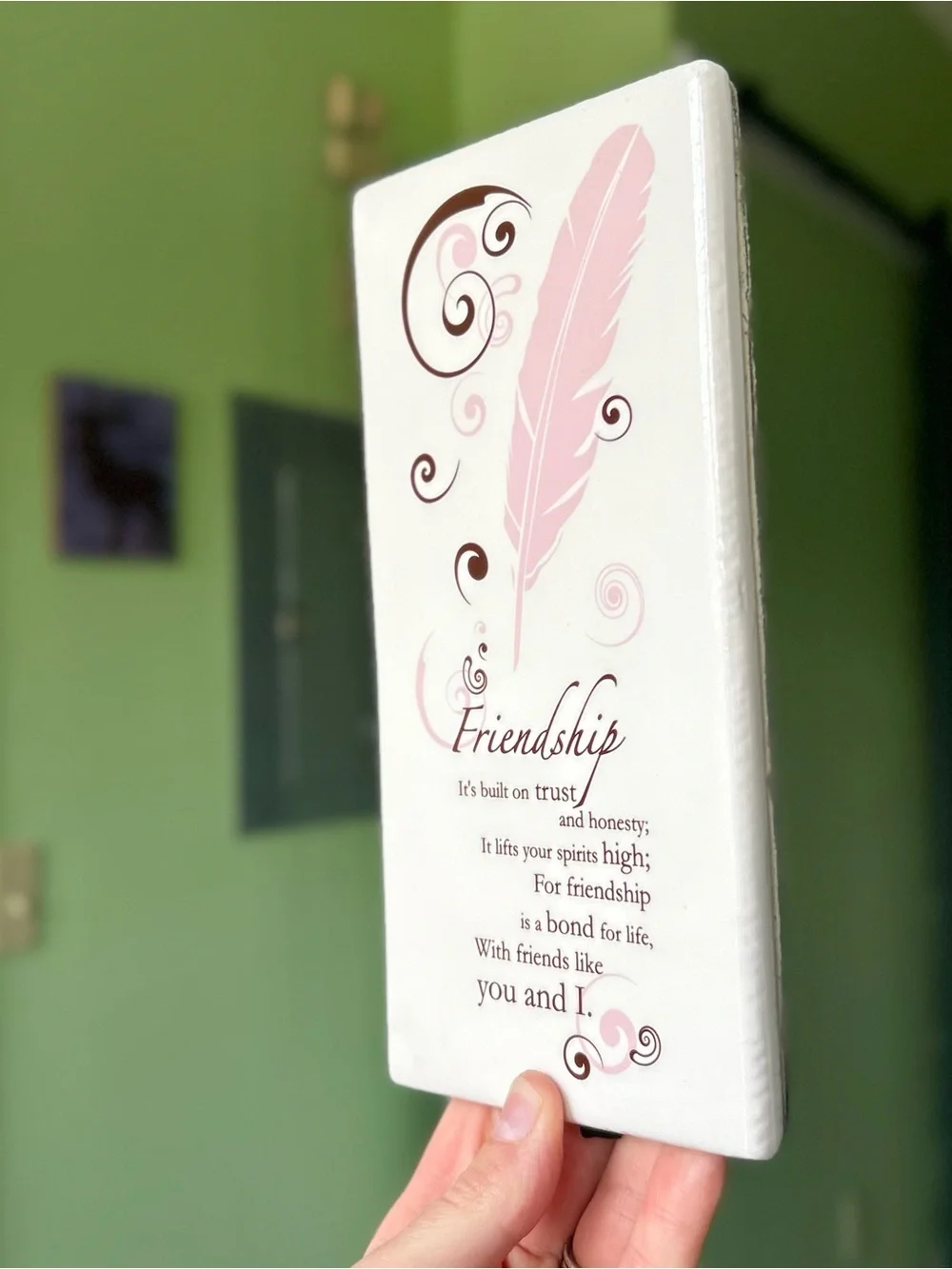 Vintage Friendship Ceramic with Pink Feather and Swirls Design Wall Decor